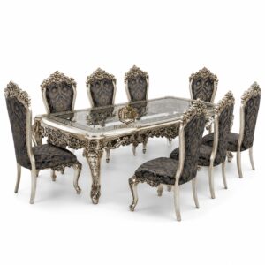 royal luxury dining table set – hand carved european style (silver finish)