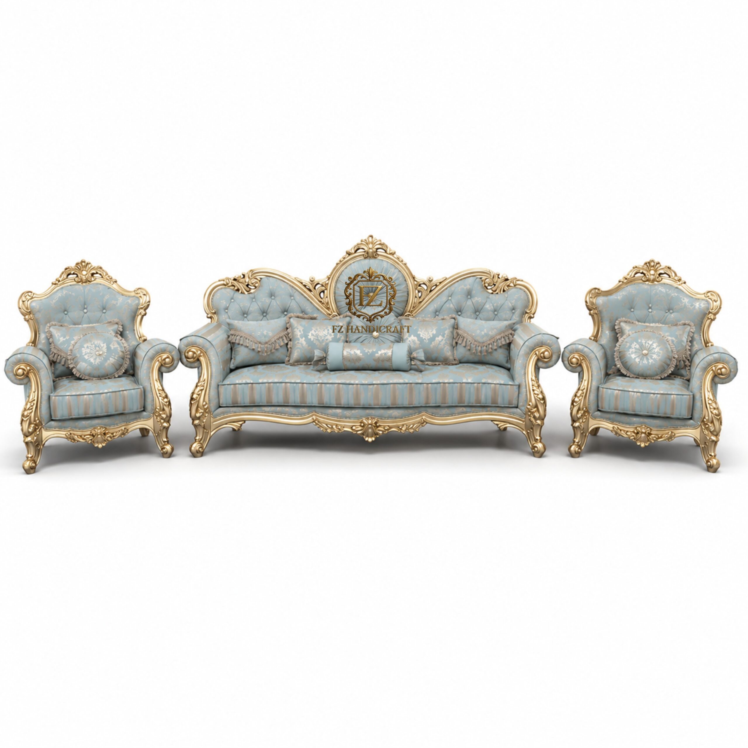 royal luxury sofa set – classic european hand carved design (blue & gold) Luxury Royal Sky Blue Sofa Set with Gold Carving