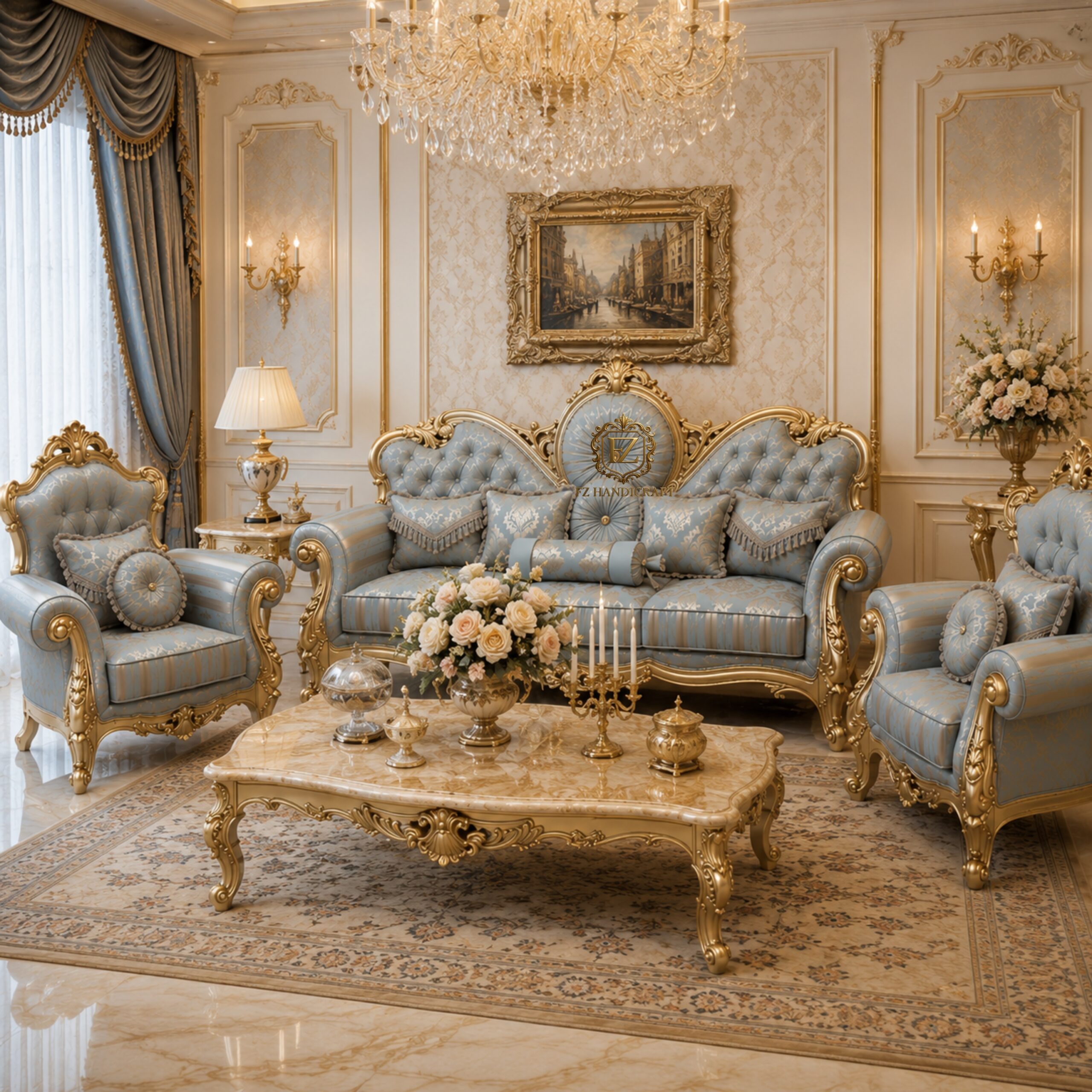 royal luxury sofa set – classic european hand carved design (blue & gold) royal luxury sofa set – classic european hand carved design (blue & gold)