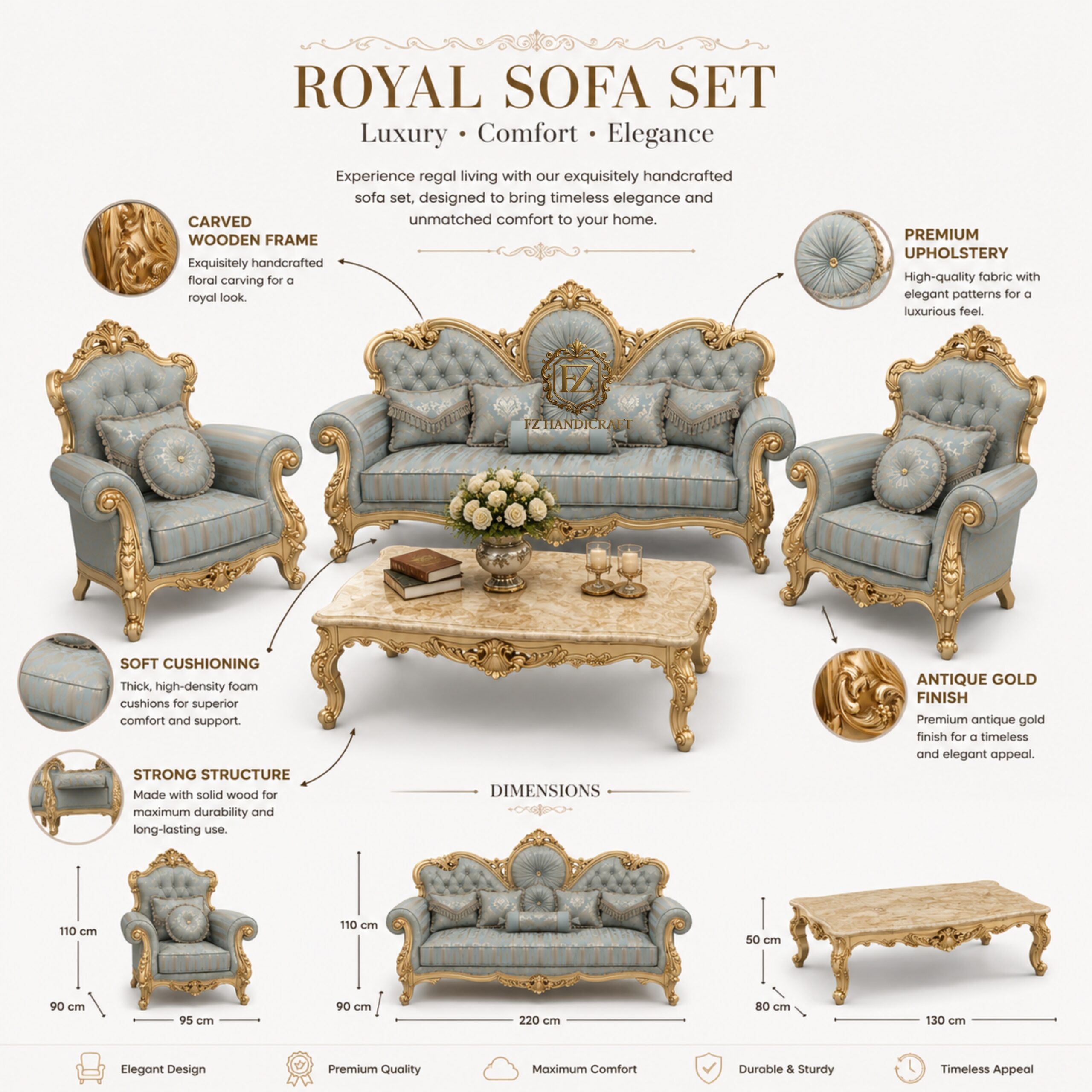 royal luxury sofa set – classic european hand carved design (blue & gold) royal luxury sofa set – classic european hand carved design (blue & gold)