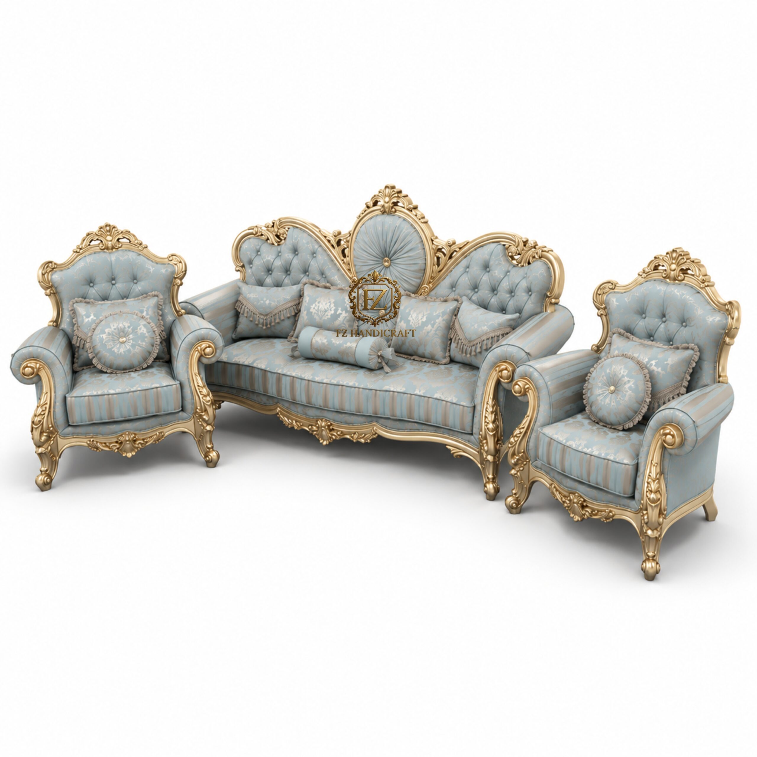 royal luxury sofa set – classic european hand carved design (blue & gold) royal luxury sofa set – classic european hand carved design (blue & gold)
