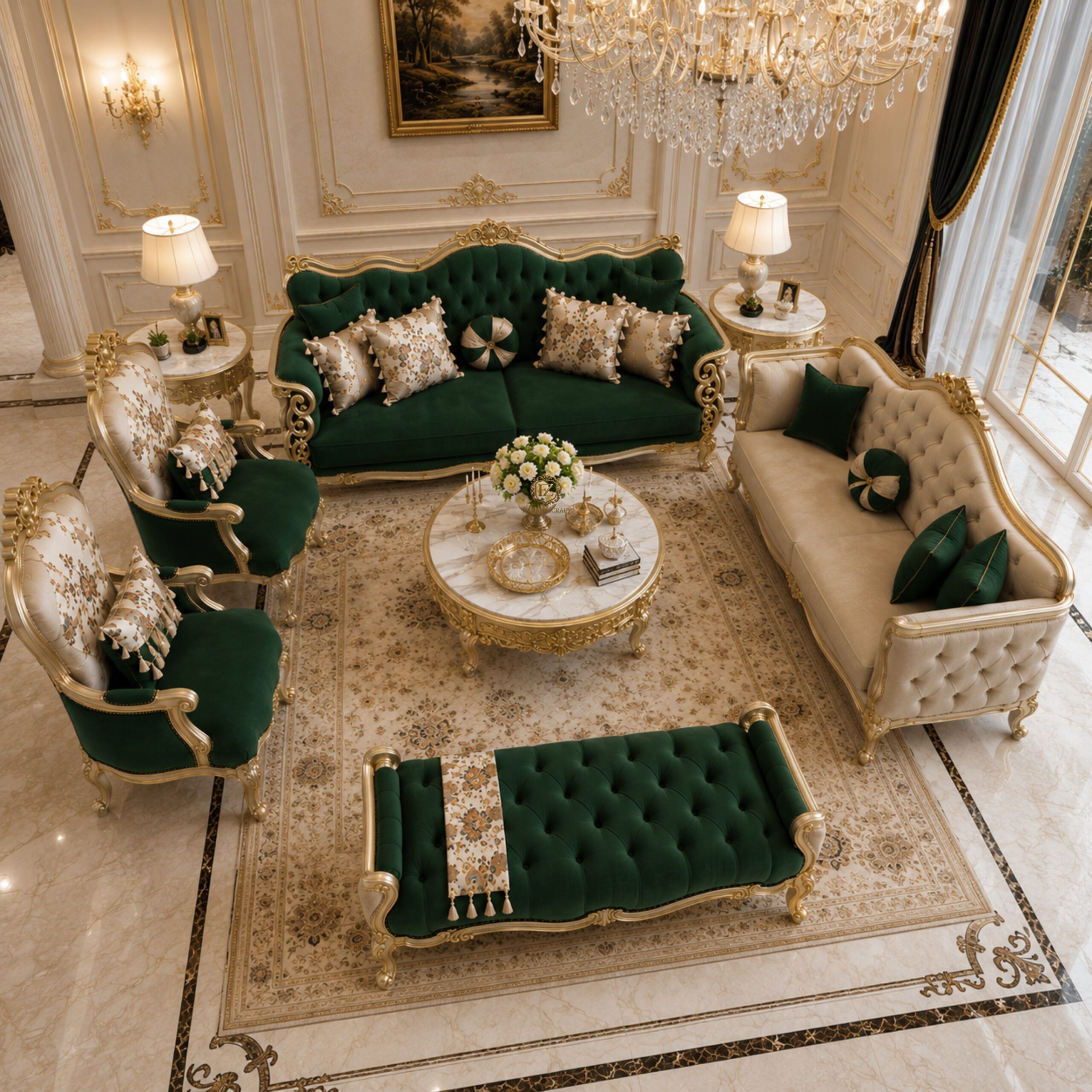royal luxury sofa set – classic european style (green & gold finish) royal luxury sofa set – classic european style (green & gold finish)