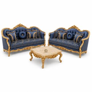 Luxury Royal Blue Sofa Set with Gold Carving
