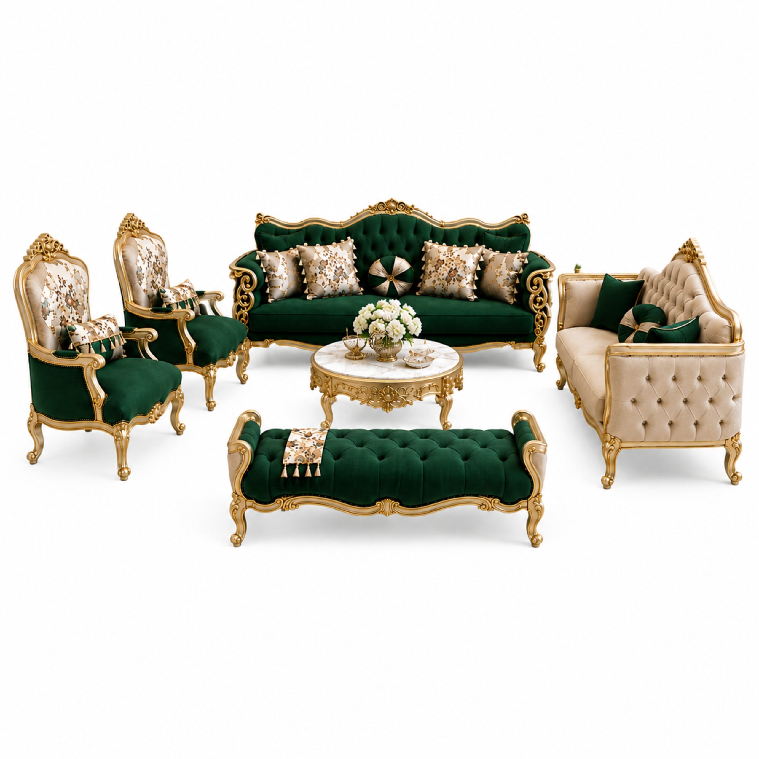 royal luxury sofa set – classic european style (green & gold finish) royal luxury sofa set – classic european style (green & gold finish)