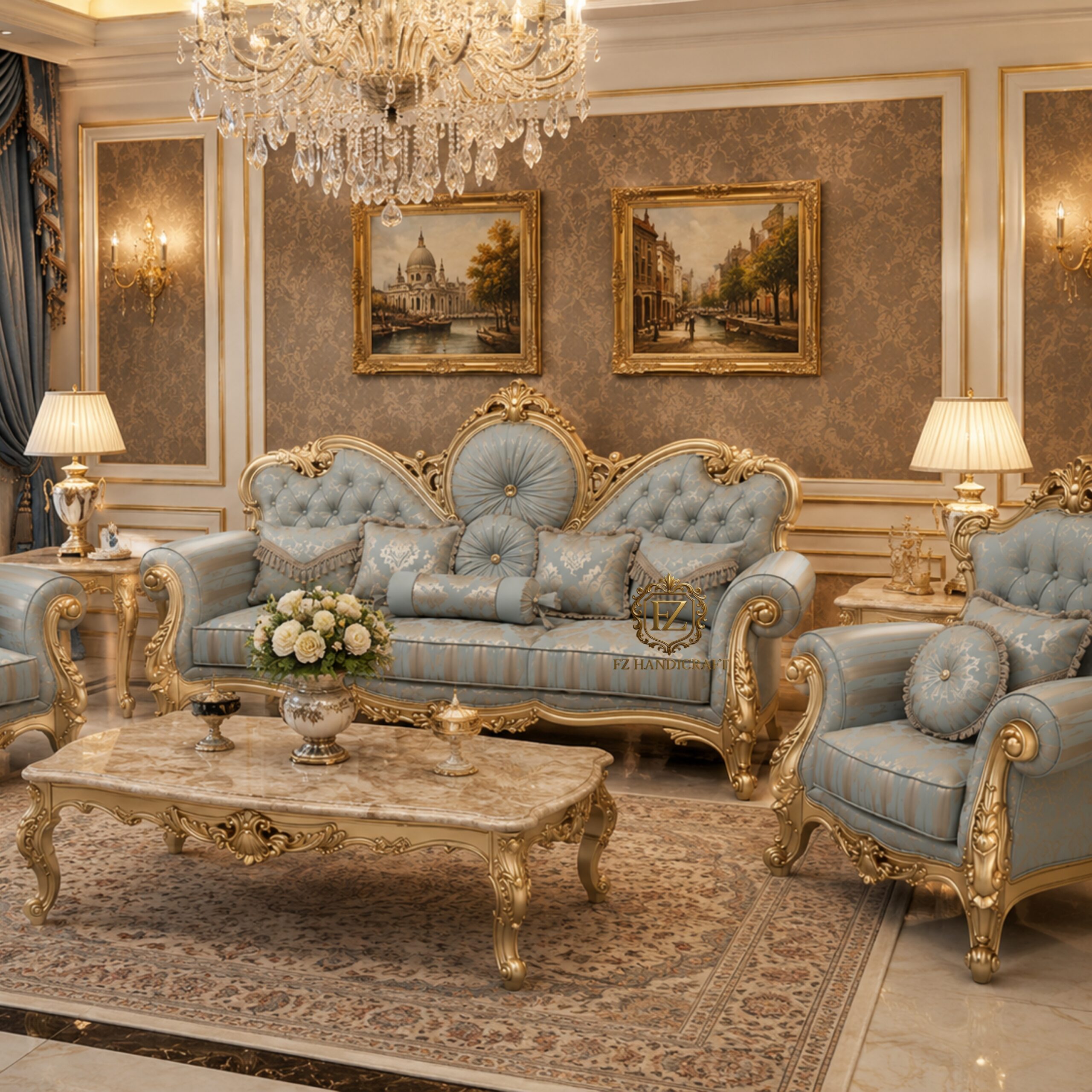 royal luxury sofa set – classic european hand carved design (blue & gold) royal luxury sofa set – classic european hand carved design (blue & gold)