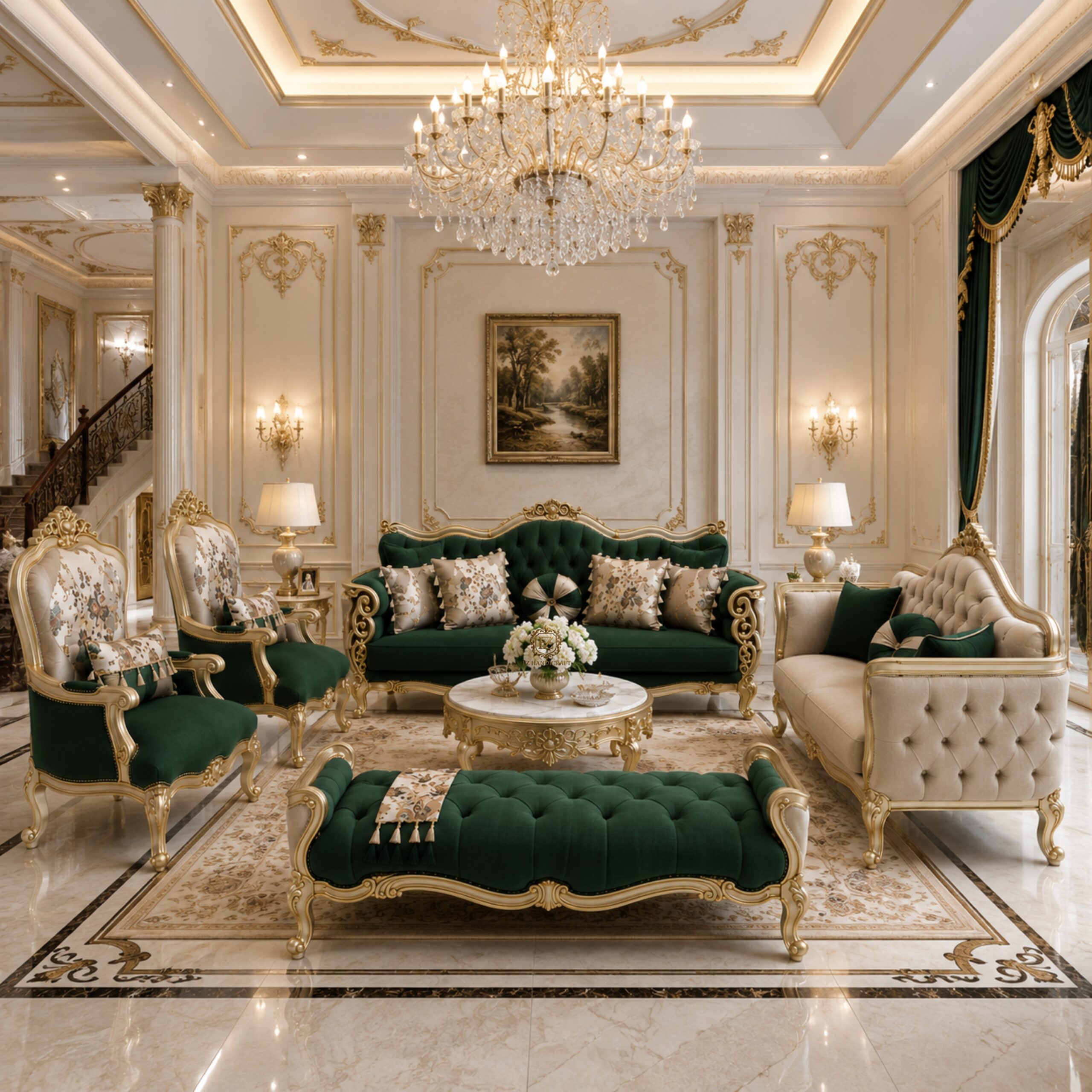 royal luxury sofa set – classic european style (green & gold finish) royal luxury sofa set – classic european style (green & gold finish)