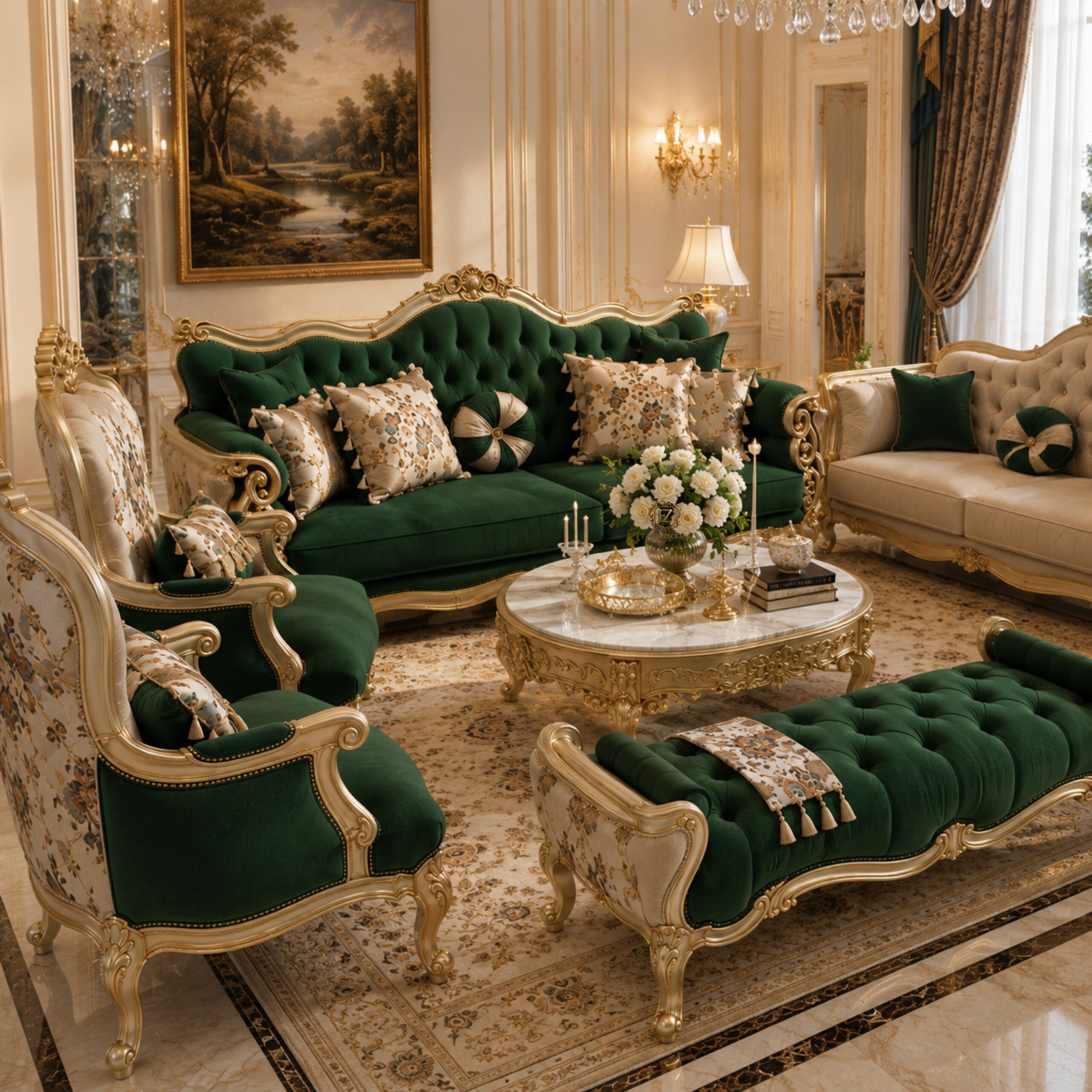 royal luxury sofa set – classic european style (green & gold finish) royal luxury sofa set – classic european style (green & gold finish)