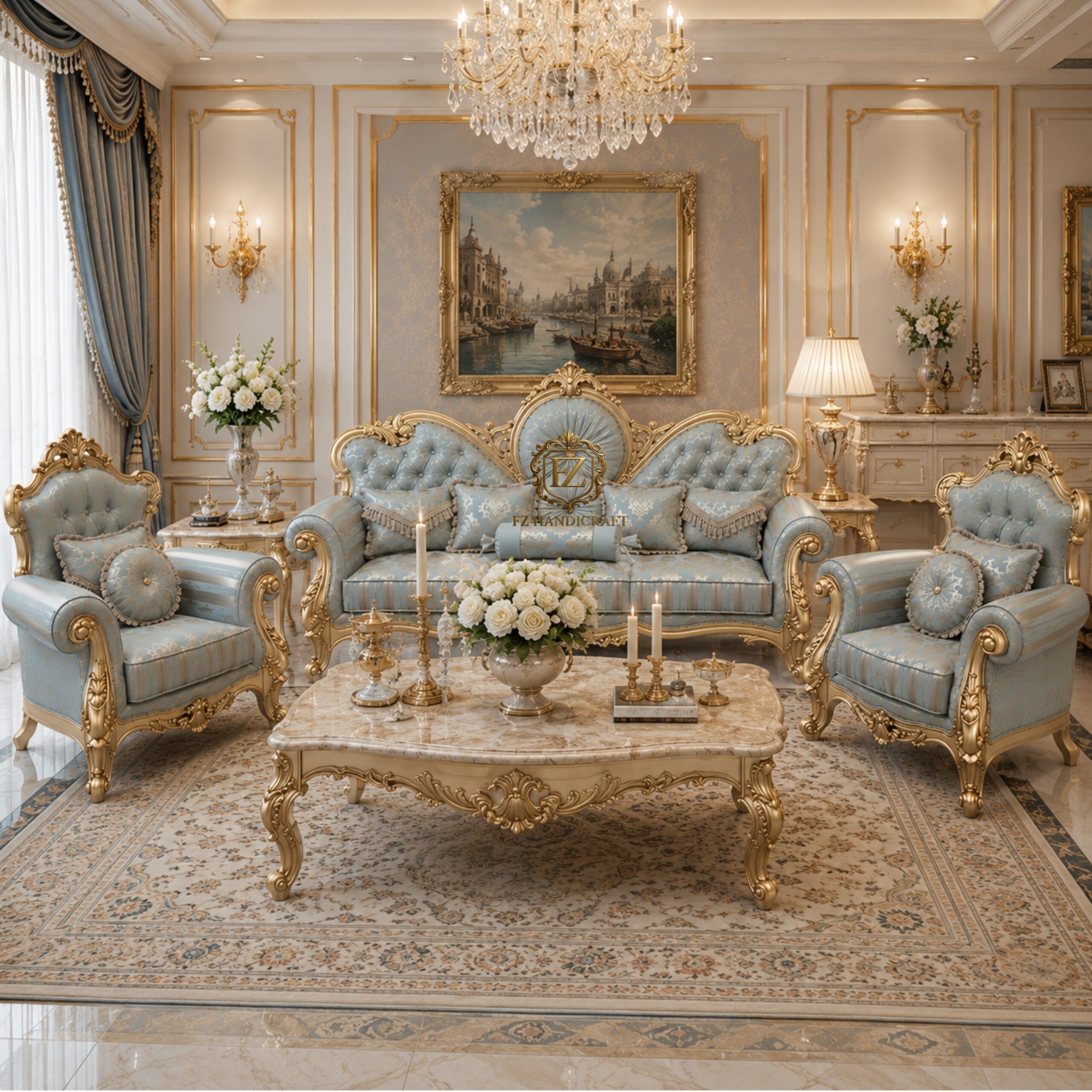 royal luxury sofa set – classic european hand carved design (blue & gold) royal luxury sofa set – classic european hand carved design (blue & gold)