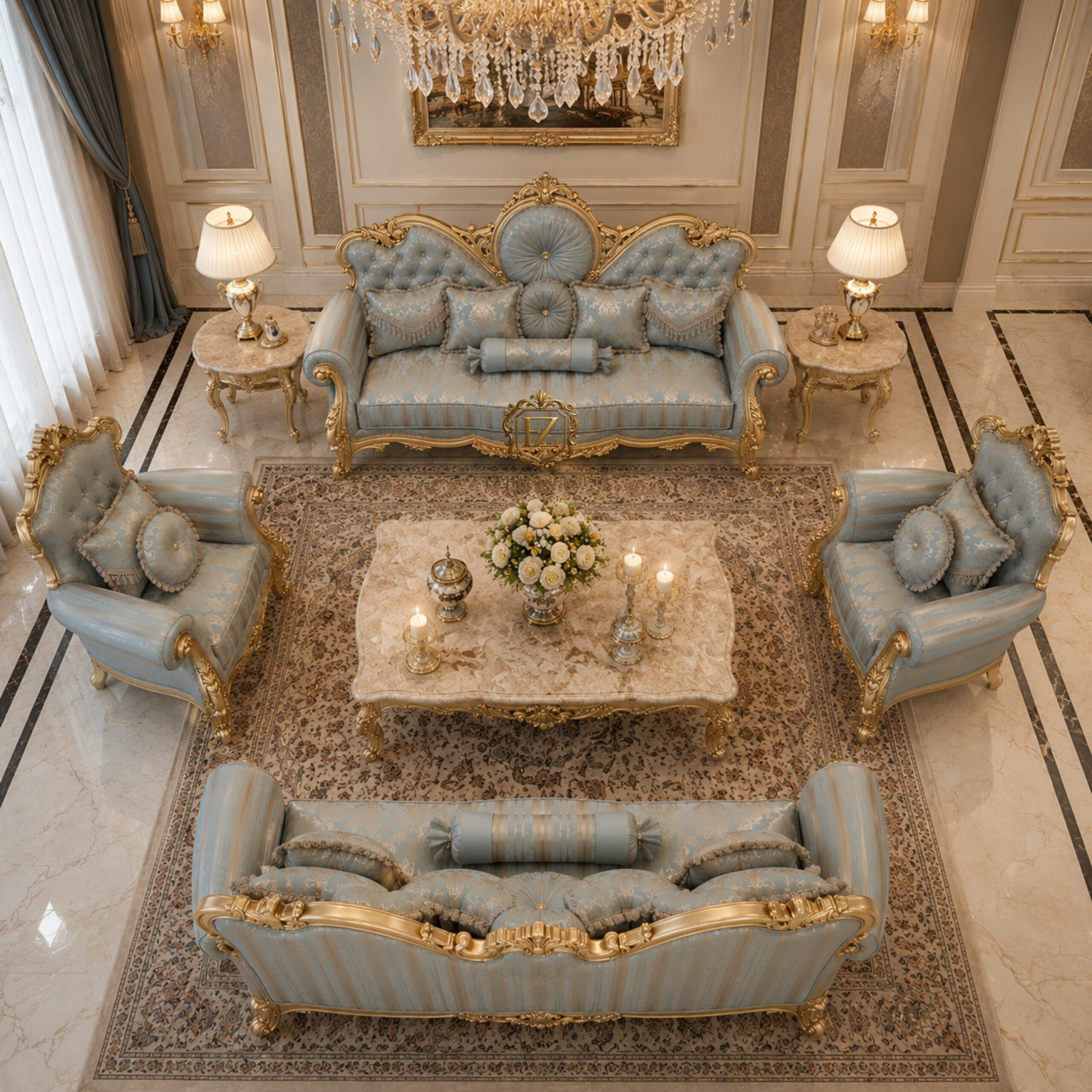 royal luxury sofa set – classic european hand carved design (blue & gold) royal luxury sofa set – classic european hand carved design (blue & gold)
