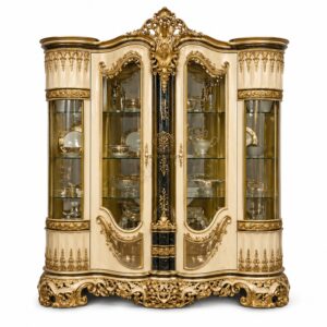 luxury royal ivory gold crockery cabinet | hand carved solid wood display unit | glass showcase storage cabinet for dining room | premium designer furniture
