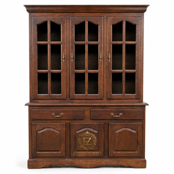 classic wooden crockery cabinet | solid sagwan wood glass door showcase with drawer storage