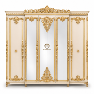 royal ivory gold wooden almirah wardrobe – 5 door luxury mirror design | handcrafted premium furniture