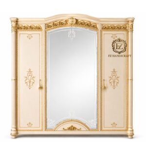 royal ivory gold wooden almirah wardrobe | luxury carved 3 door designer closet with mirror