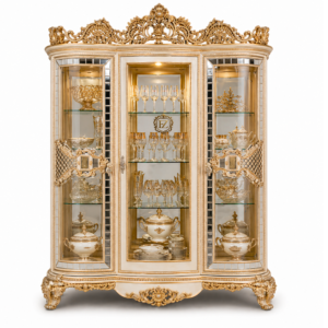royal ivory gold wooden crockery cabinet – luxury glass display showcase with carved solid wood & led lighting