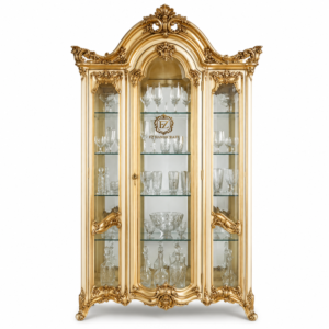 royal gold wooden crockery cabinet – luxury glass display showcase with solid wood carving & premium finish