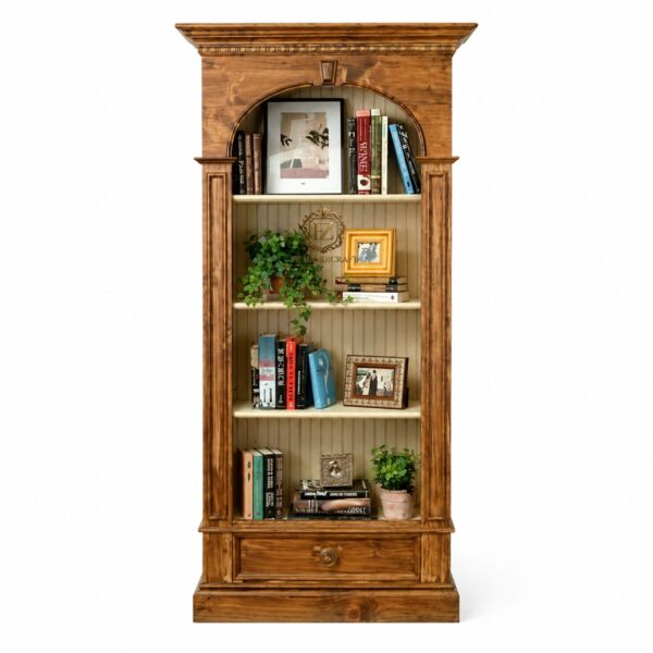 solid wood bookshelf cabinet with drawer | classic arch design wooden bookcase | open display s