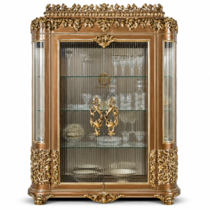 royal walnut gold wooden crockery cabinet – luxury glass display showcase with fluted glass & hand carved design
