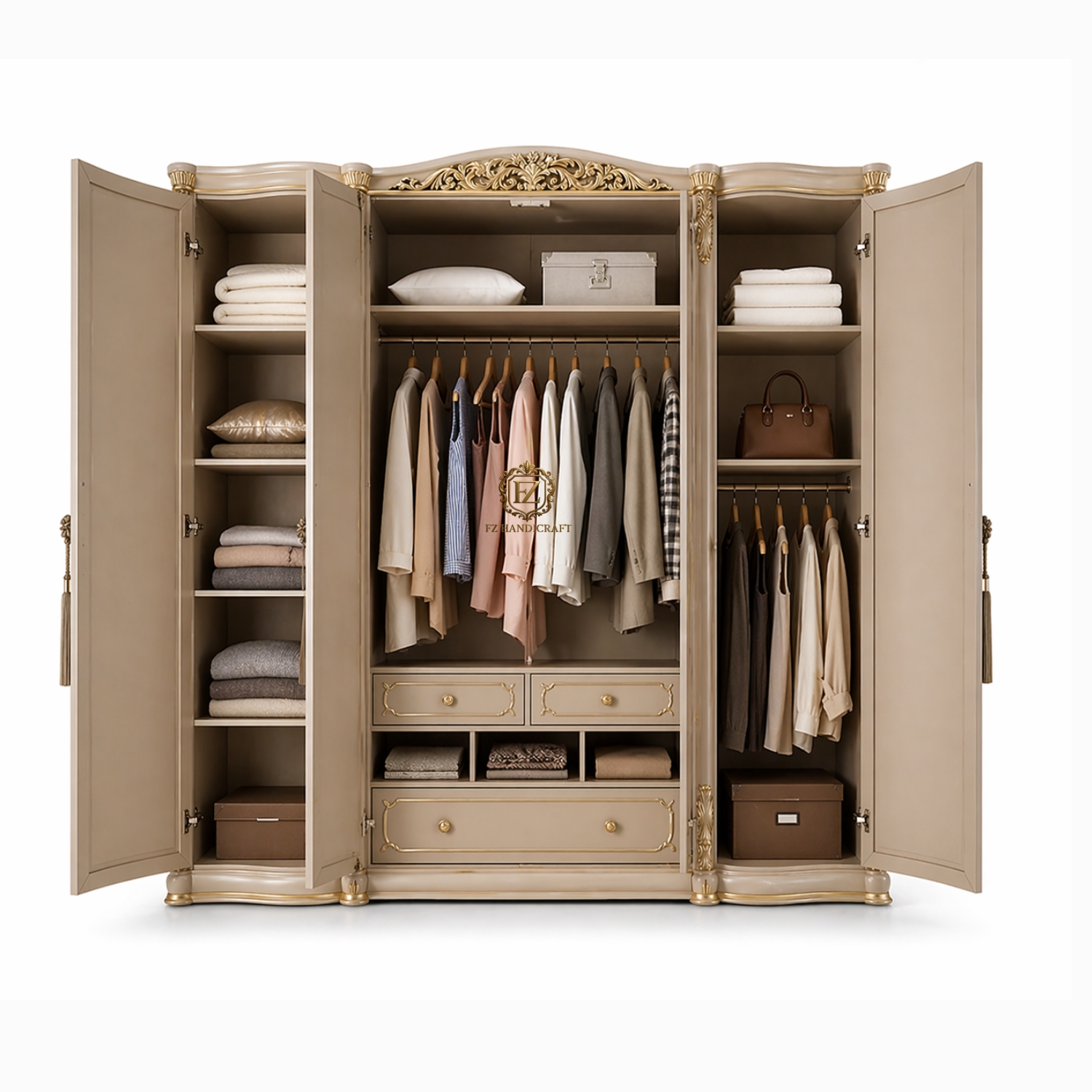 royal ivory gold 4 door wooden almirah wardrobe | luxury designer closet with mirror & heavy carving royal ivory gold 4 door wooden almirah wardrobe | luxury designer closet with mirror & heavy carving