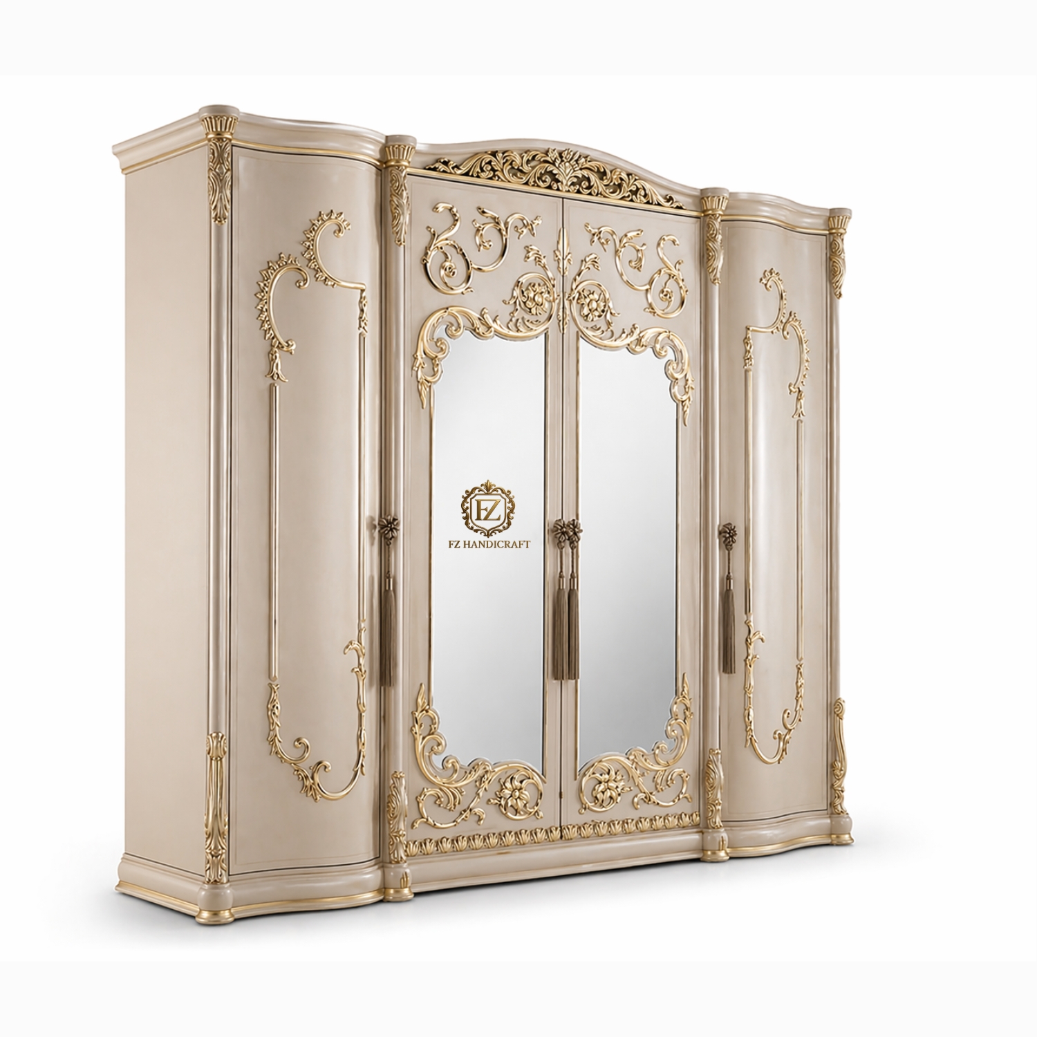 royal ivory gold 4 door wooden almirah wardrobe | luxury designer closet with mirror & heavy carving royal ivory gold 4 door wooden almirah wardrobe | luxury designer closet with mirror & heavy carving