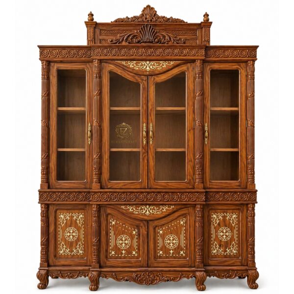 royal hand carved solid wood crockery cabinet | large wooden showcase with glass doors | luxury dining storage unit
