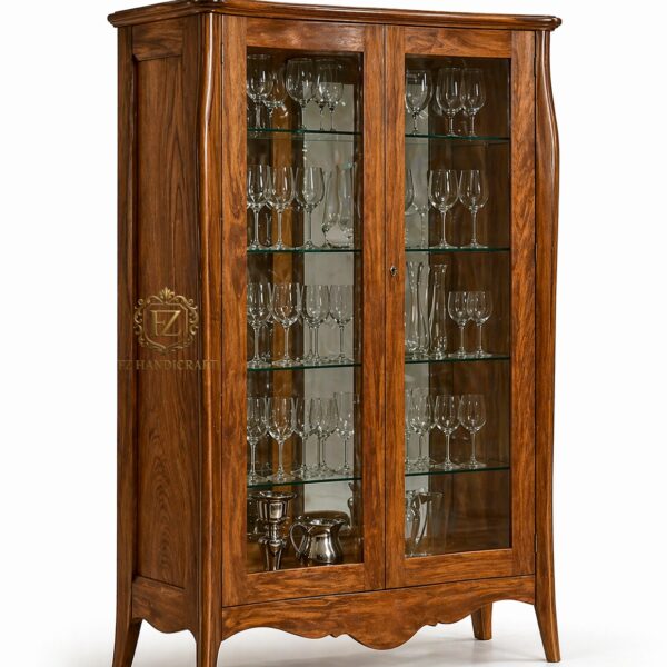 modern wooden crockery cabinet | solid sagwan wood glass display showcase with shelves
