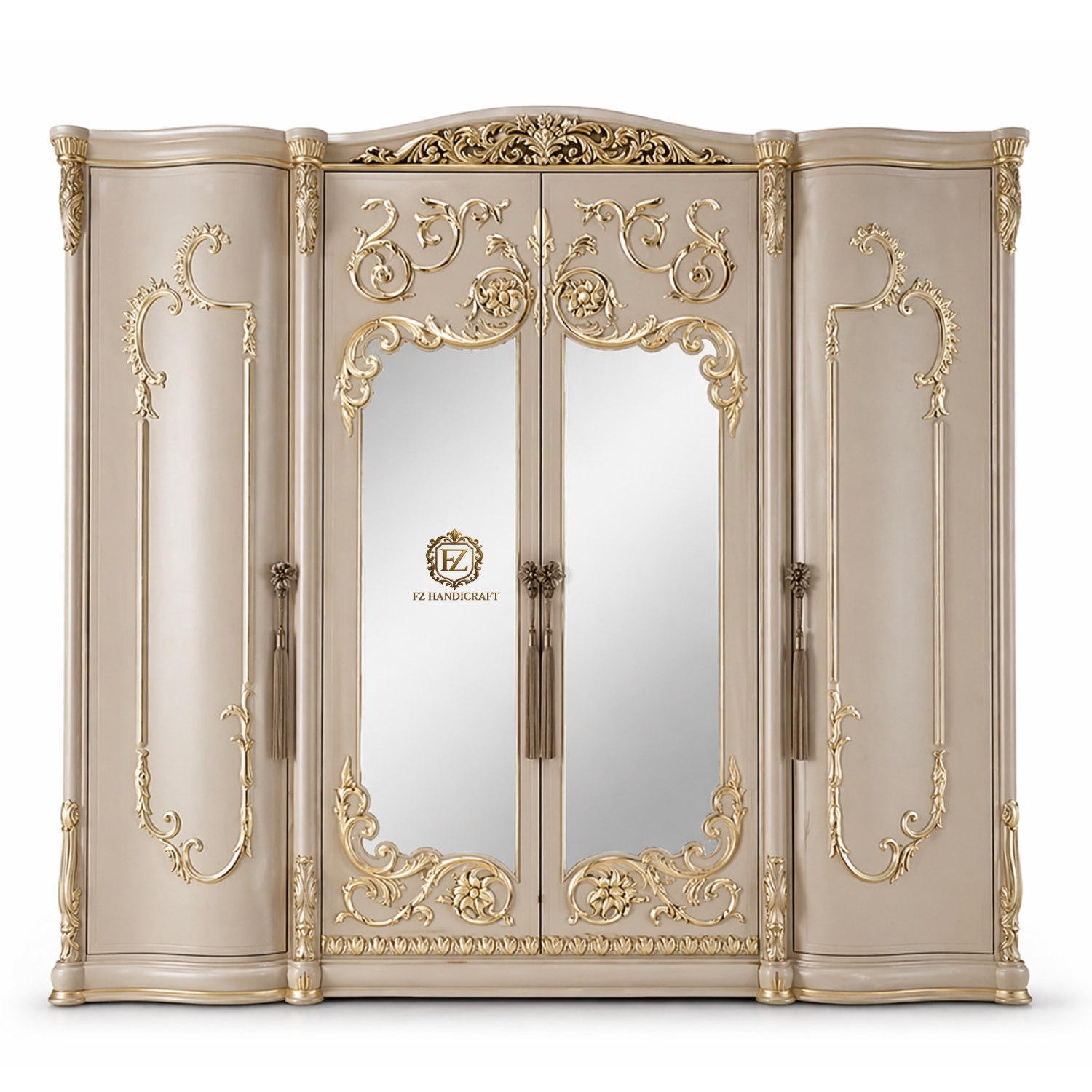 royal ivory gold 4 door wooden almirah wardrobe | luxury designer closet with mirror & heavy carving royal ivory gold 4 door wooden almirah wardrobe | luxury designer closet with mirror & heavy carving