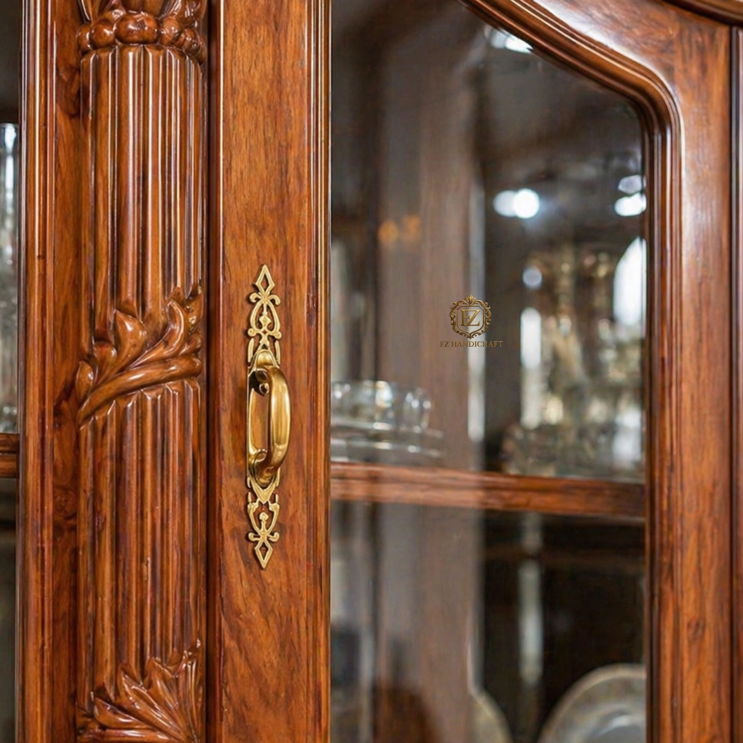 royal hand carved solid wood crockery cabinet | large wooden showcase with glass doors | luxury dining storage unit royal hand carved solid wood crockery cabinet | large wooden showcase with glass doors | luxury dining storage unit