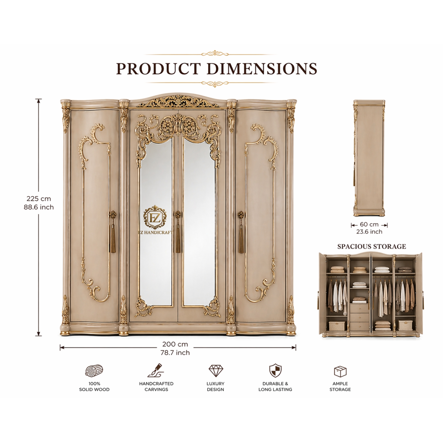 royal ivory gold 4 door wooden almirah wardrobe | luxury designer closet with mirror & heavy carving royal ivory gold 4 door wooden almirah wardrobe | luxury designer closet with mirror & heavy carving