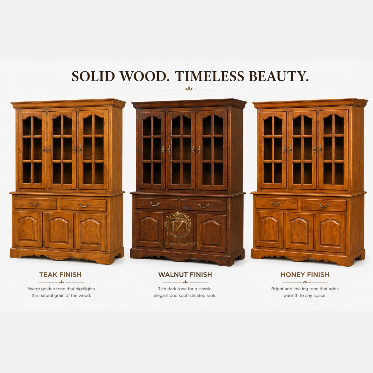 classic wooden crockery cabinet | solid sagwan wood glass door showcase with drawer storage classic wooden crockery cabinet | solid sagwan wood glass door showcase with drawer storage