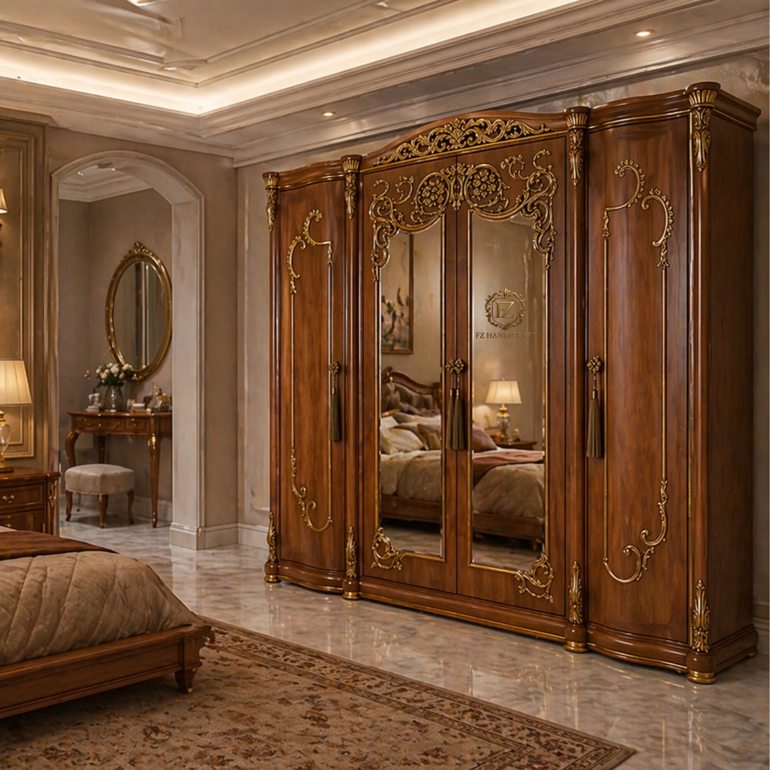 royal ivory gold 4 door wooden almirah wardrobe | luxury designer closet with mirror & heavy carving royal ivory gold 4 door wooden almirah wardrobe | luxury designer closet with mirror & heavy carving