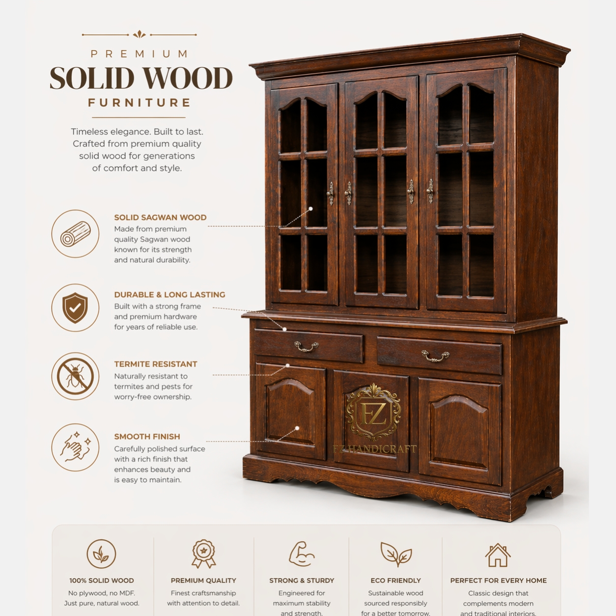 classic wooden crockery cabinet | solid sagwan wood glass door showcase with drawer storage classic wooden crockery cabinet | solid sagwan wood glass door showcase with drawer storage