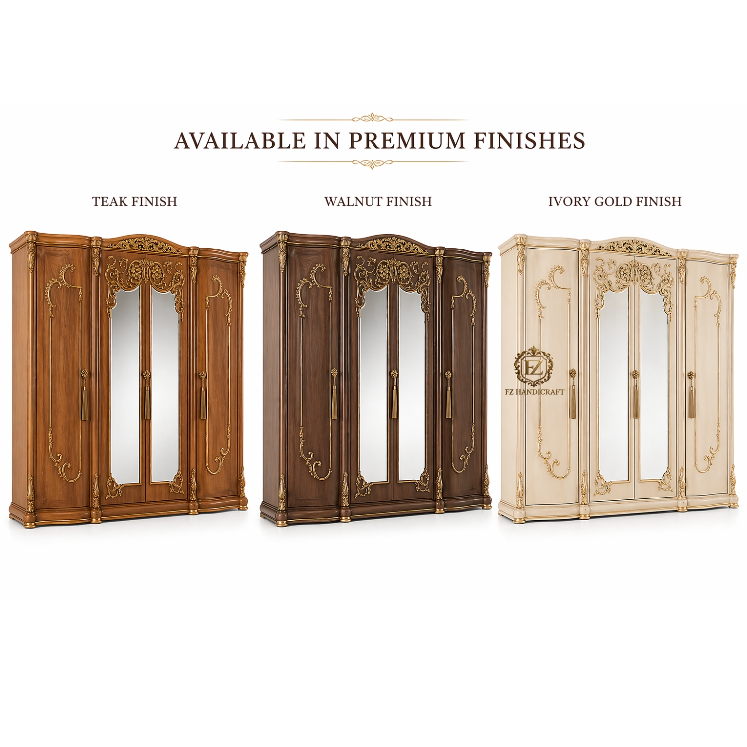 royal ivory gold 4 door wooden almirah wardrobe | luxury designer closet with mirror & heavy carving royal ivory gold 4 door wooden almirah wardrobe | luxury designer closet with mirror & heavy carving