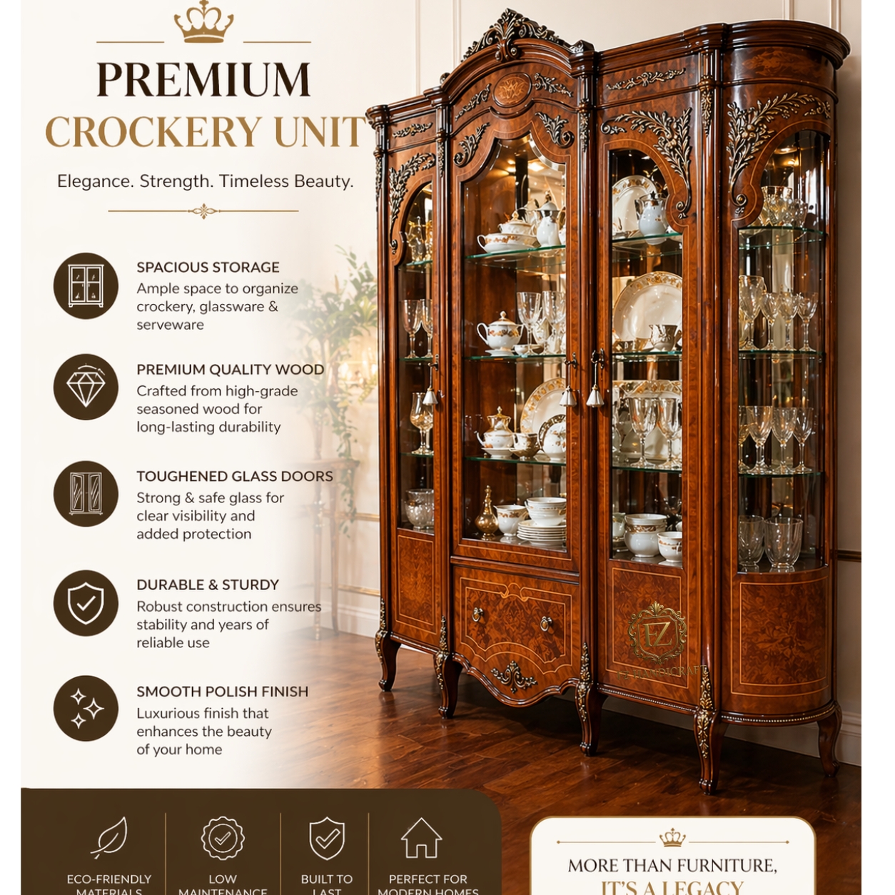 royal hand carved wooden crockery cabinet showcase | luxury glass door display unit | antique designer wooden hutch royal hand carved wooden crockery cabinet showcase | luxury glass door display unit | antique designer wooden hutch