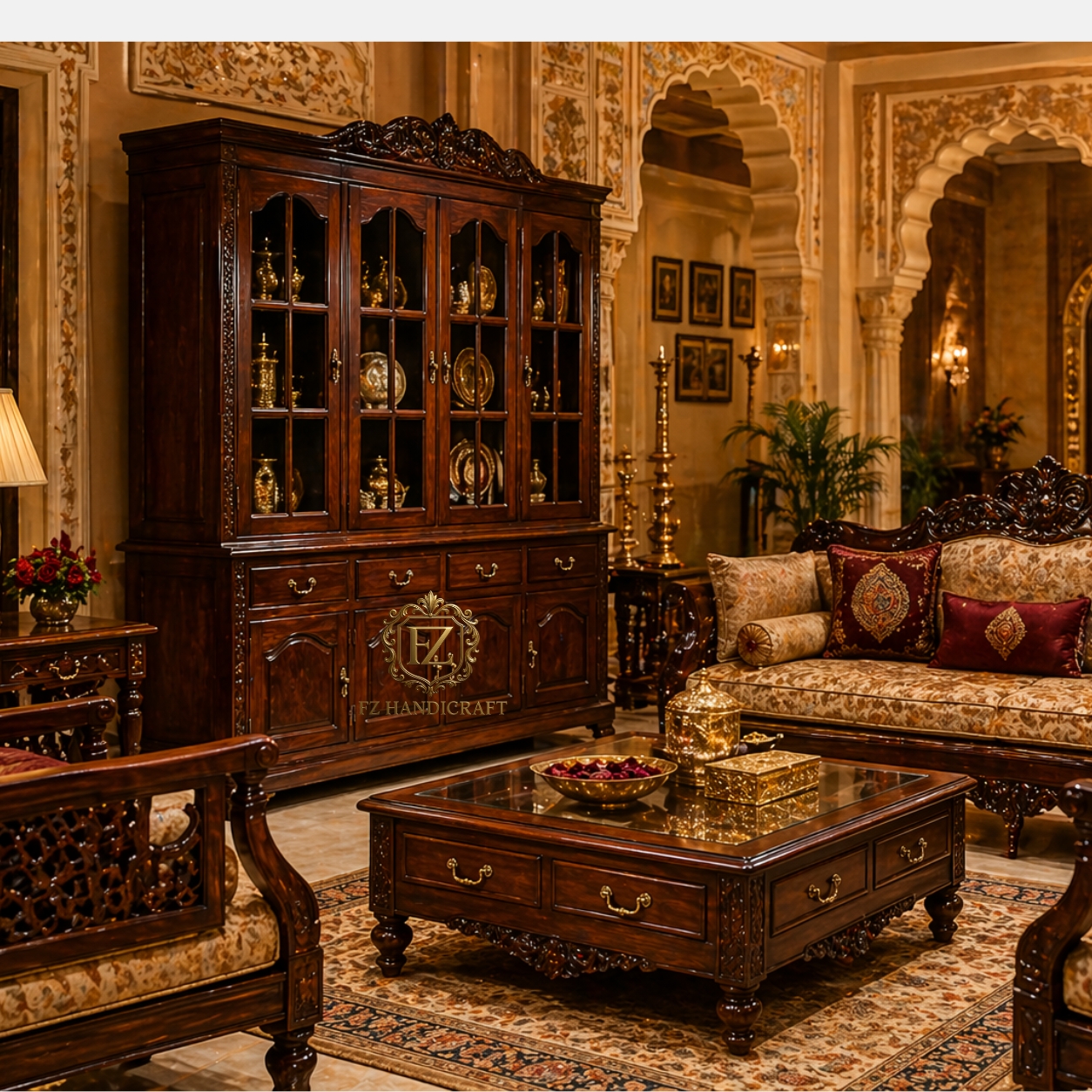 classic wooden crockery cabinet | solid sagwan wood glass door showcase with drawer storage classic wooden crockery cabinet | solid sagwan wood glass door showcase with drawer storage