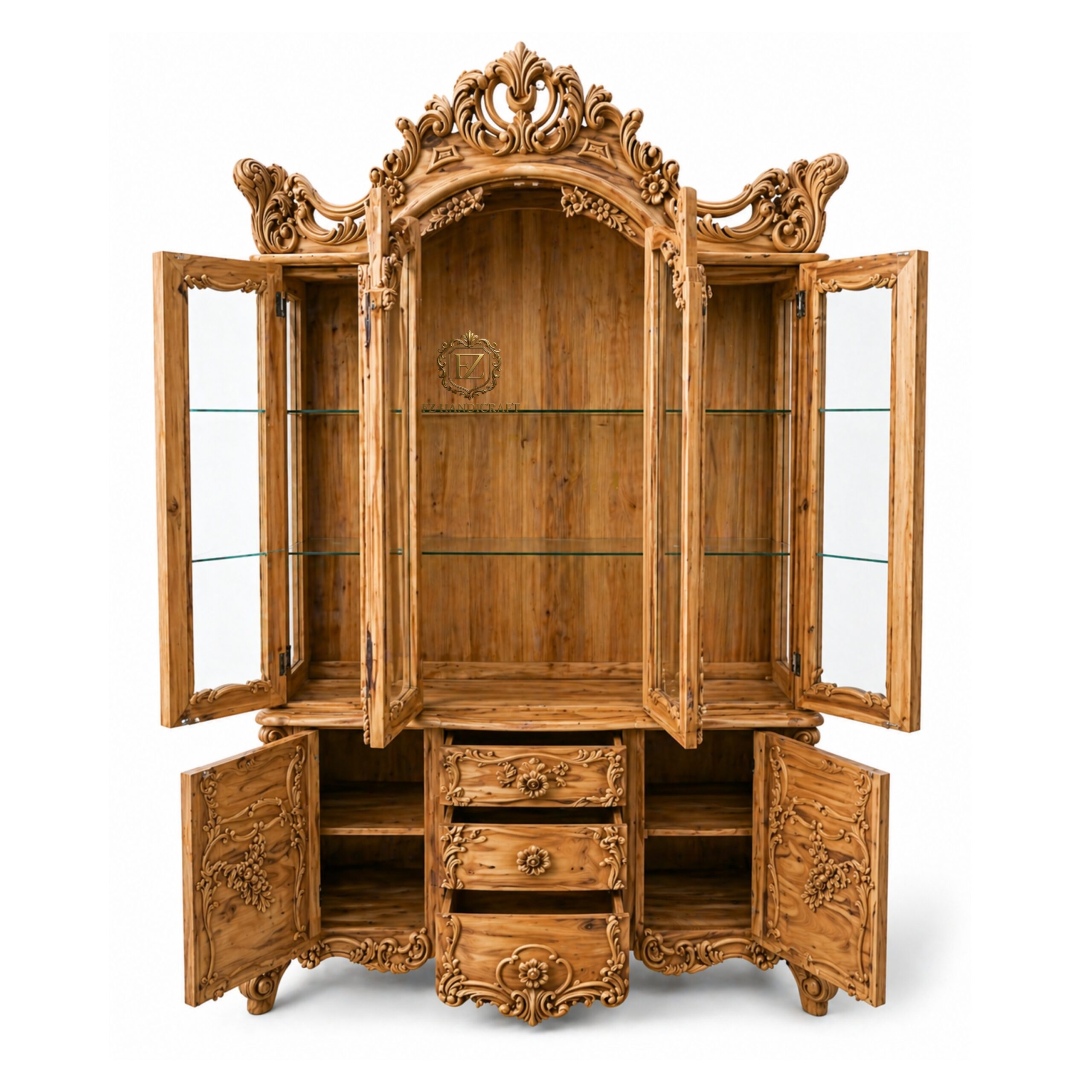 royal hand carved solid wood crockery cabinet | antique wooden showcase with glass doors | luxury dining display unit royal hand carved solid wood crockery cabinet | antique wooden showcase with glass doors | luxury dining display unit
