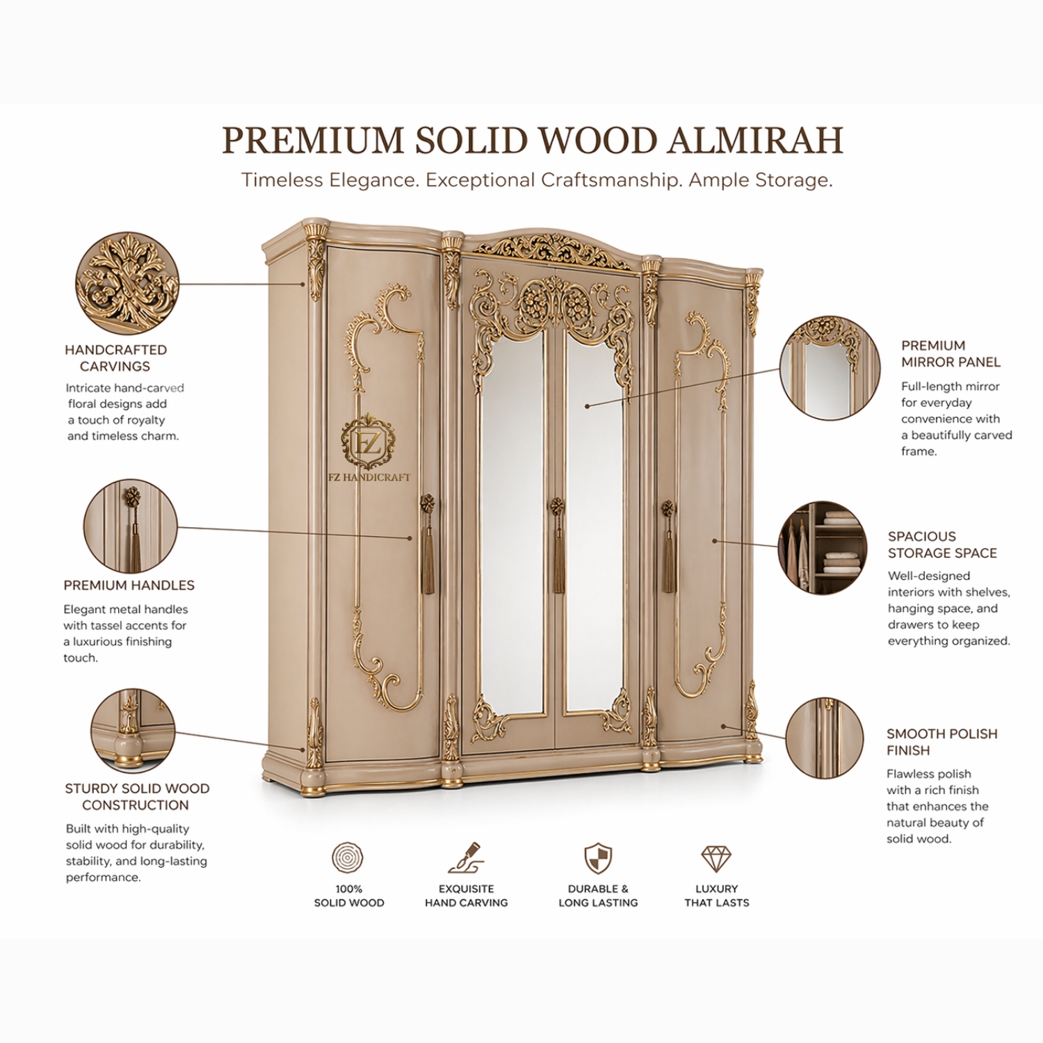 royal ivory gold 4 door wooden almirah wardrobe | luxury designer closet with mirror & heavy carving royal ivory gold 4 door wooden almirah wardrobe | luxury designer closet with mirror & heavy carving