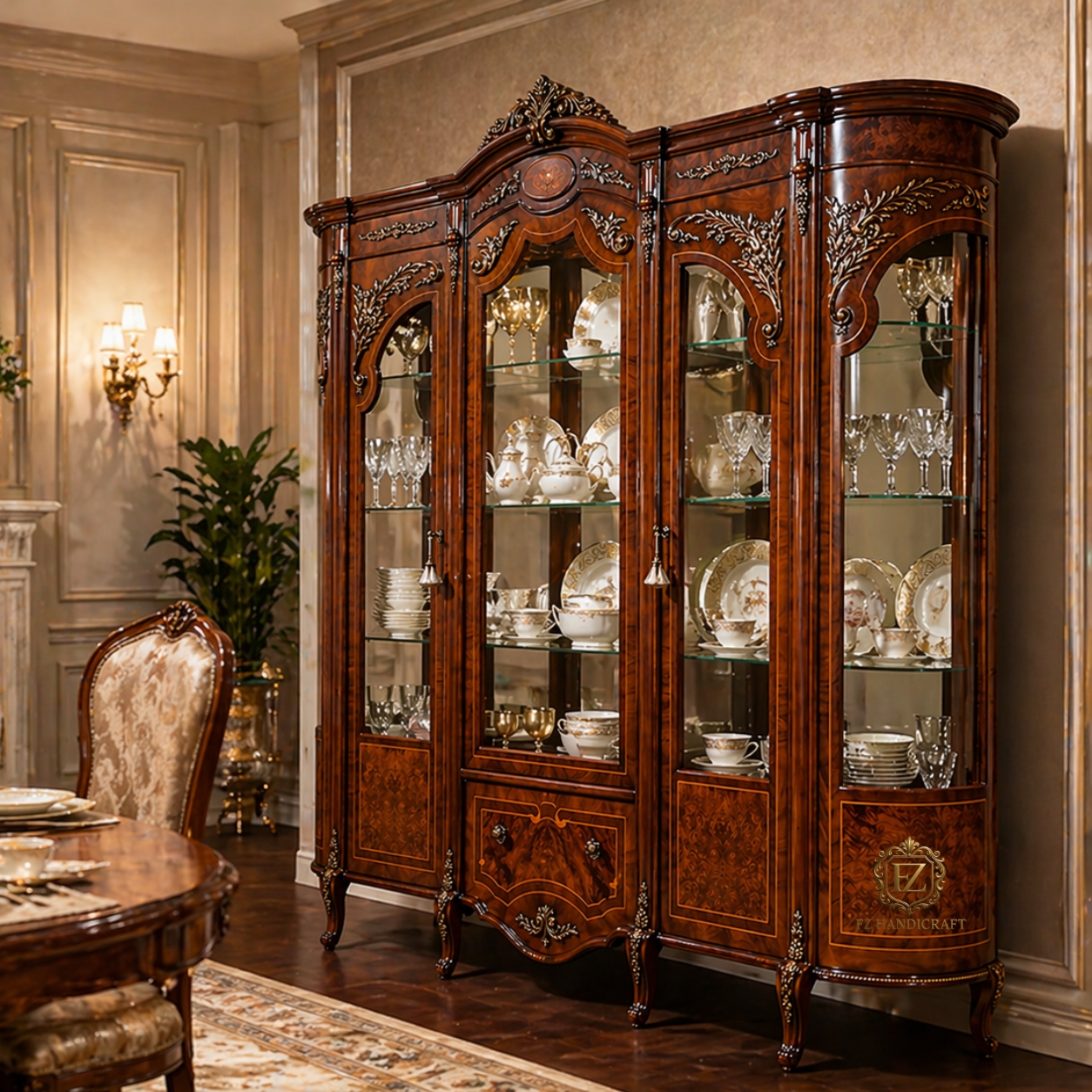 royal hand carved wooden crockery cabinet showcase | luxury glass door display unit | antique designer wooden hutch royal hand carved wooden crockery cabinet showcase | luxury glass door display unit | antique designer wooden hutch