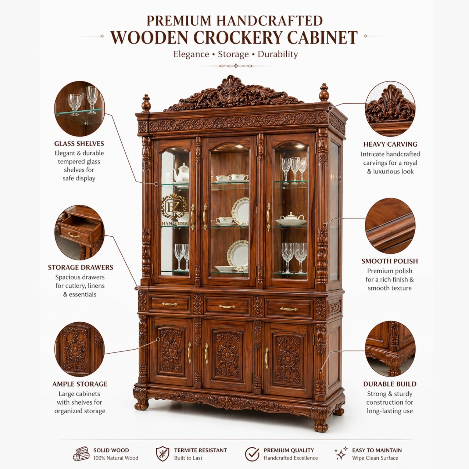 royal hand carved solid wood crockery cabinet | large wooden showcase with glass doors | luxury dining storage unit royal hand carved solid wood crockery cabinet | large wooden showcase with glass doors | luxury dining storage unit