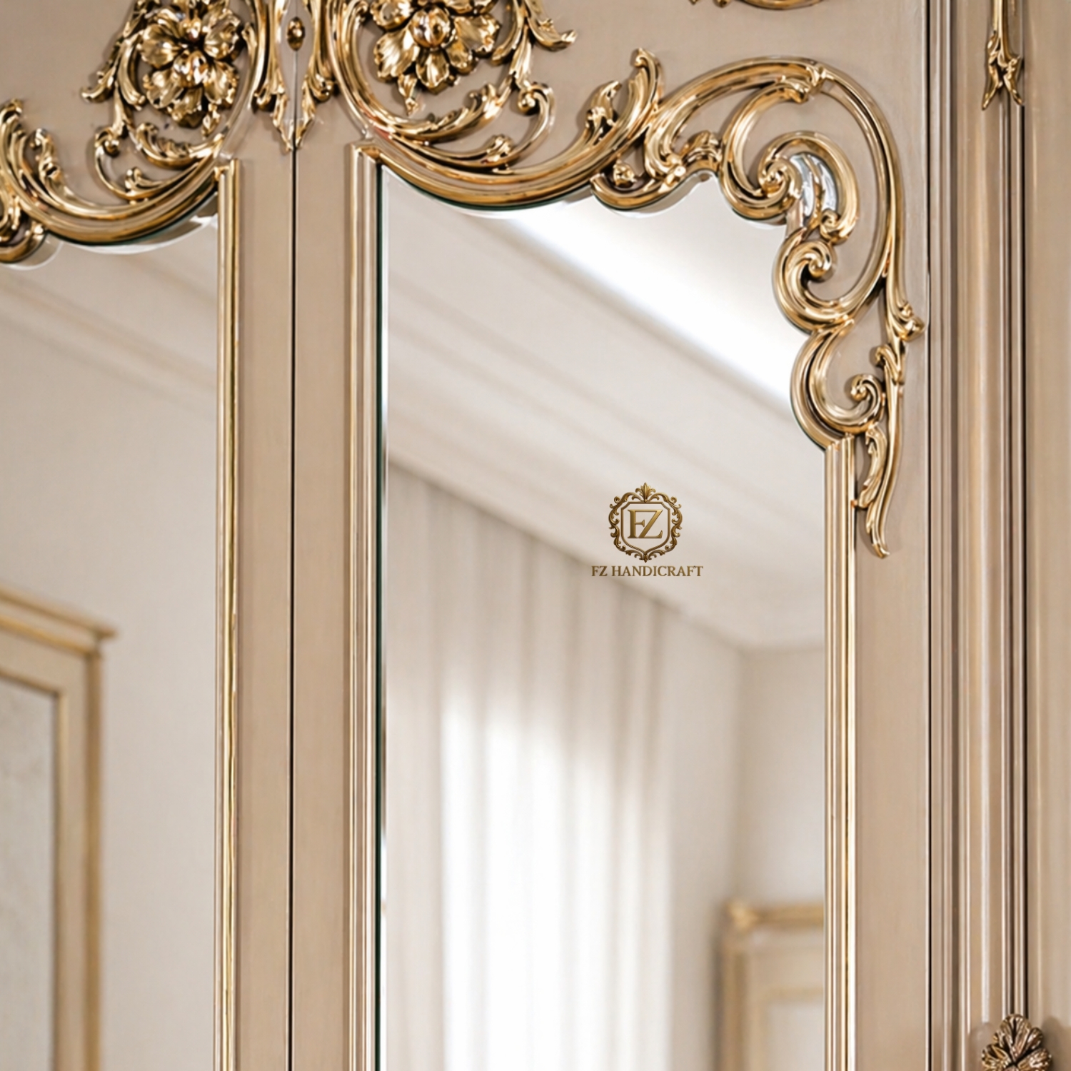 royal ivory gold 4 door wooden almirah wardrobe | luxury designer closet with mirror & heavy carving royal ivory gold 4 door wooden almirah wardrobe | luxury designer closet with mirror & heavy carving