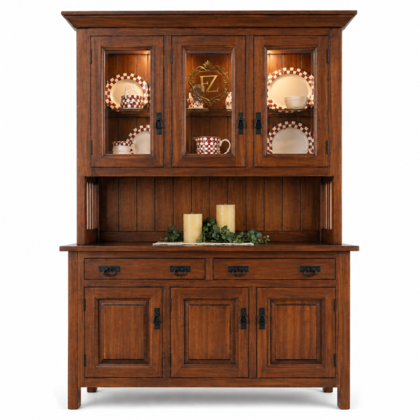 solid wood crockery cabinet hutch with glass doors | wooden kitchen storage cabinet | dining room showcase unit