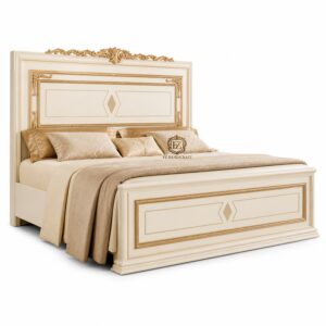 ivory gold wooden bed | luxury royal solid wood bed | designer double bed with gold carving