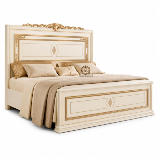 ivory gold wooden bed | luxury royal solid wood bed | designer double bed with gold carving