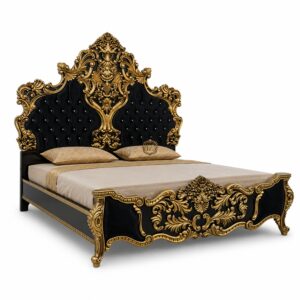 royal gold carved bed | luxury black upholstered solid wood bed | king size designer bed | handcrafted palace style bed