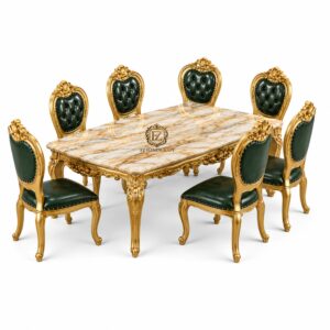 luxury gold marble top dining table set with emerald green chairs | royal 6 seater solid wood dining furniture