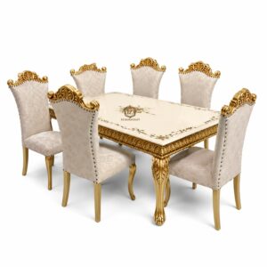 luxury ivory gold dining table set | royal 6 seater handcrafted solid wood dining furniture