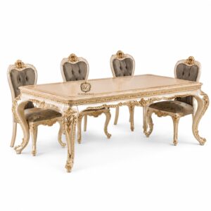 luxury ivory gold dining table set in solid wood | royal 6 seater handcrafted dining furniture