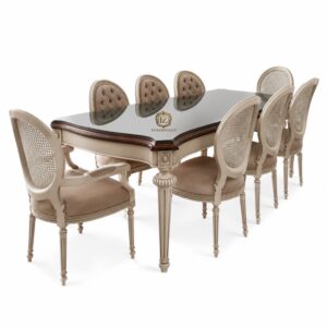 luxury royal dining table set with black glass top & cane back chairs