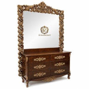 luxury royal dressing table with ornate mirror – handcrafted solid wood vanity dresser in dark walnut antique gold finish