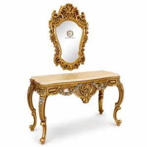 luxury royal console table with ornate wall mirror – handcrafted solid wood hallway furniture in antique gold finish