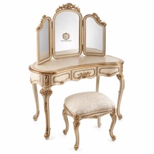 luxury royal dressing table with triple mirror – handcrafted solid wood vanity set in ivory gold finish